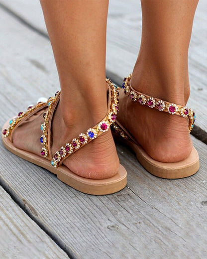 Ladies Flat Floral Slip-Toe Colorful Diamond Beach Shoes