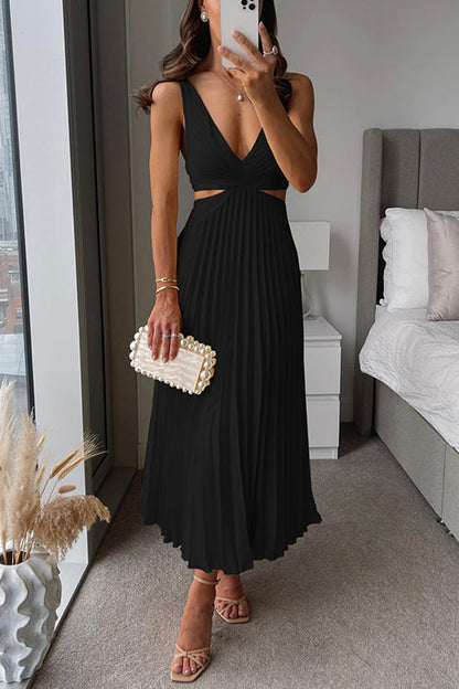 7 Colors Chicest V Neck Cut Out Waist Sleeveless Pleated Maxi Dress