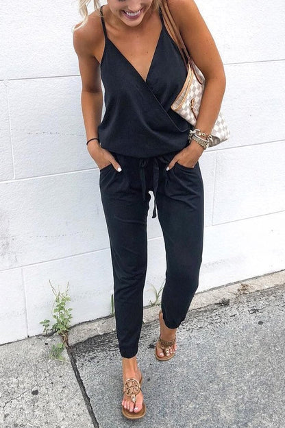 Margovil Solid Cross V Neck Tie Waist Jumpsuits