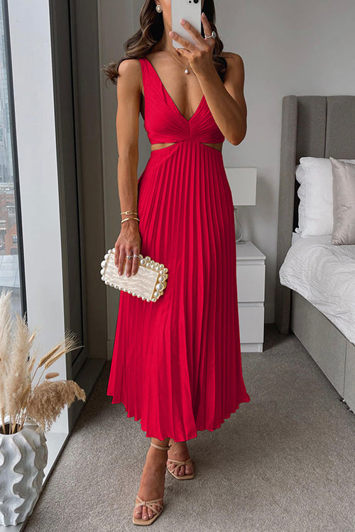 7 Colors Chicest V Neck Cut Out Waist Sleeveless Pleated Maxi Dress