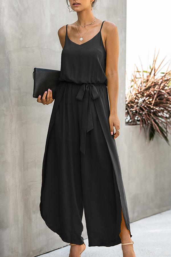 Florcoo Jumpsuit mit V-Ausschnitt und weitem Bein und Trägern 