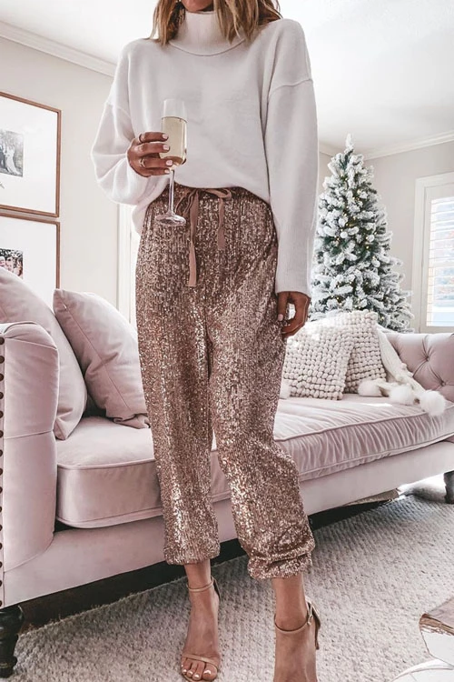 Margovil Drawstring Mid Waist Glitter Sequin Pants