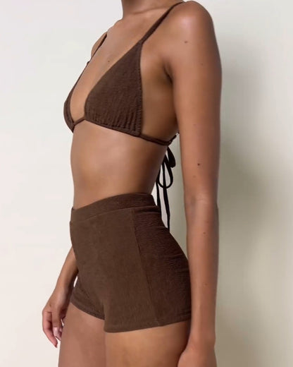 Women's Solid Color String Bikini Three Piece Suit