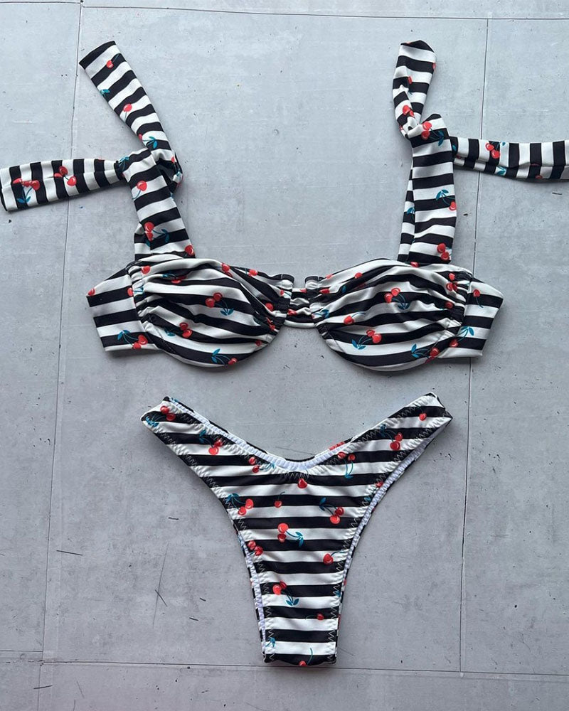 Women's flamingo stripe print lace-up bikini set