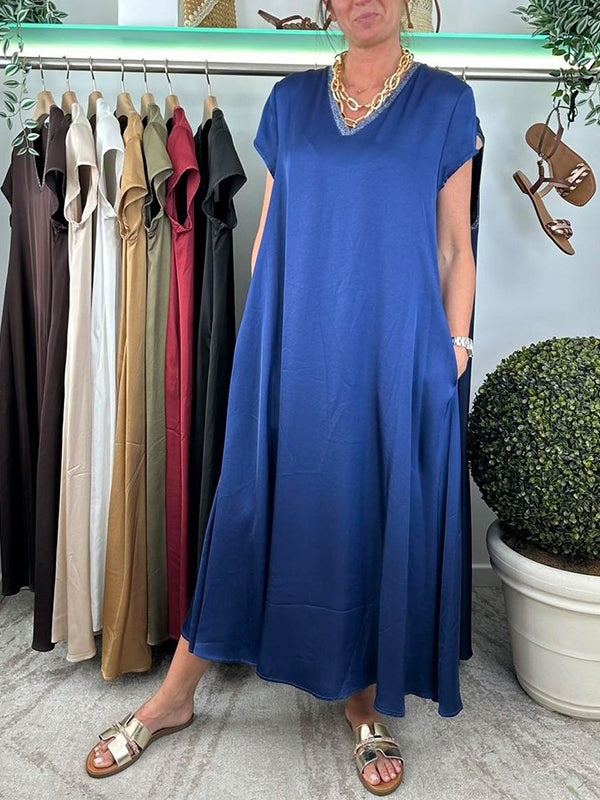 Women's V-neck Solid Color Loose Dress