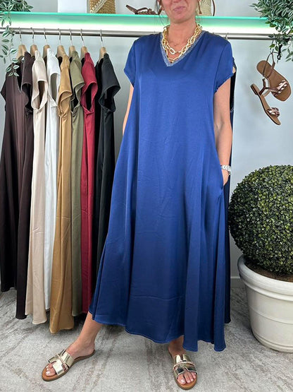 Women's V-neck Solid Color Loose Dress