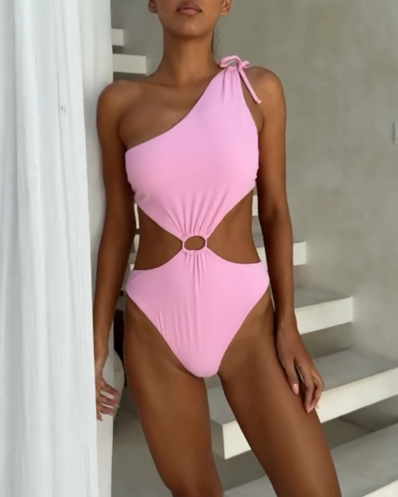 Women's Solid Color One Shoulder Waist Hollow One Piece Swimsuit