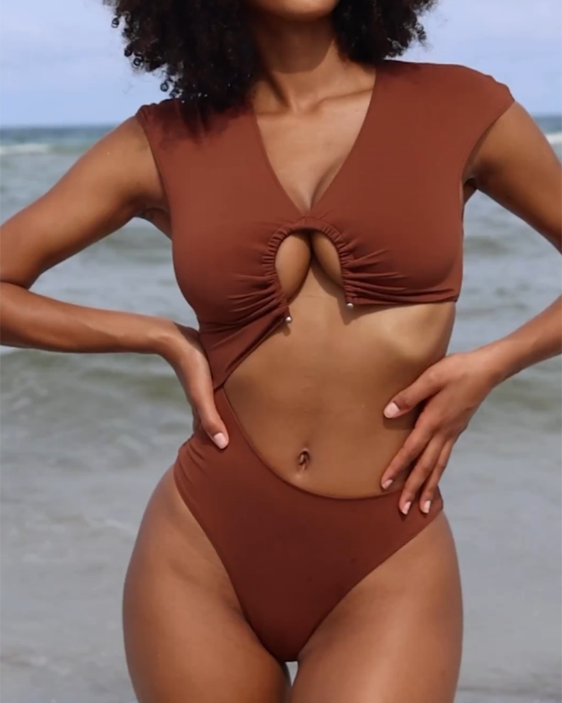 Women's solid color waist cutout one piece swimsuit