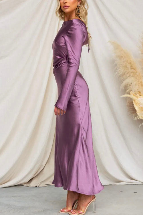 Chicest Boat Neck Long Sleeves Draped Back Satin Maxi Dress