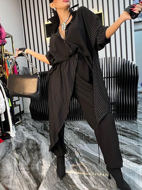 Women's Lapel Mid-length Sleeve Striped Patchwork Casual Suit