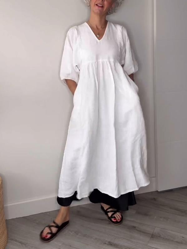 Women's V-neck Solid Color Mid-length Sleeve Dress