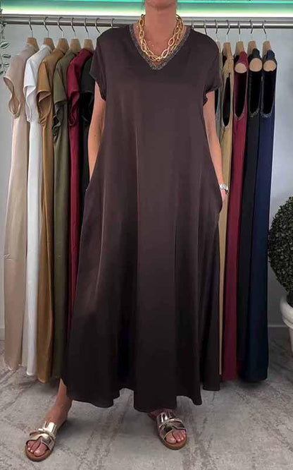 Women's V-neck Solid Color Loose Dress