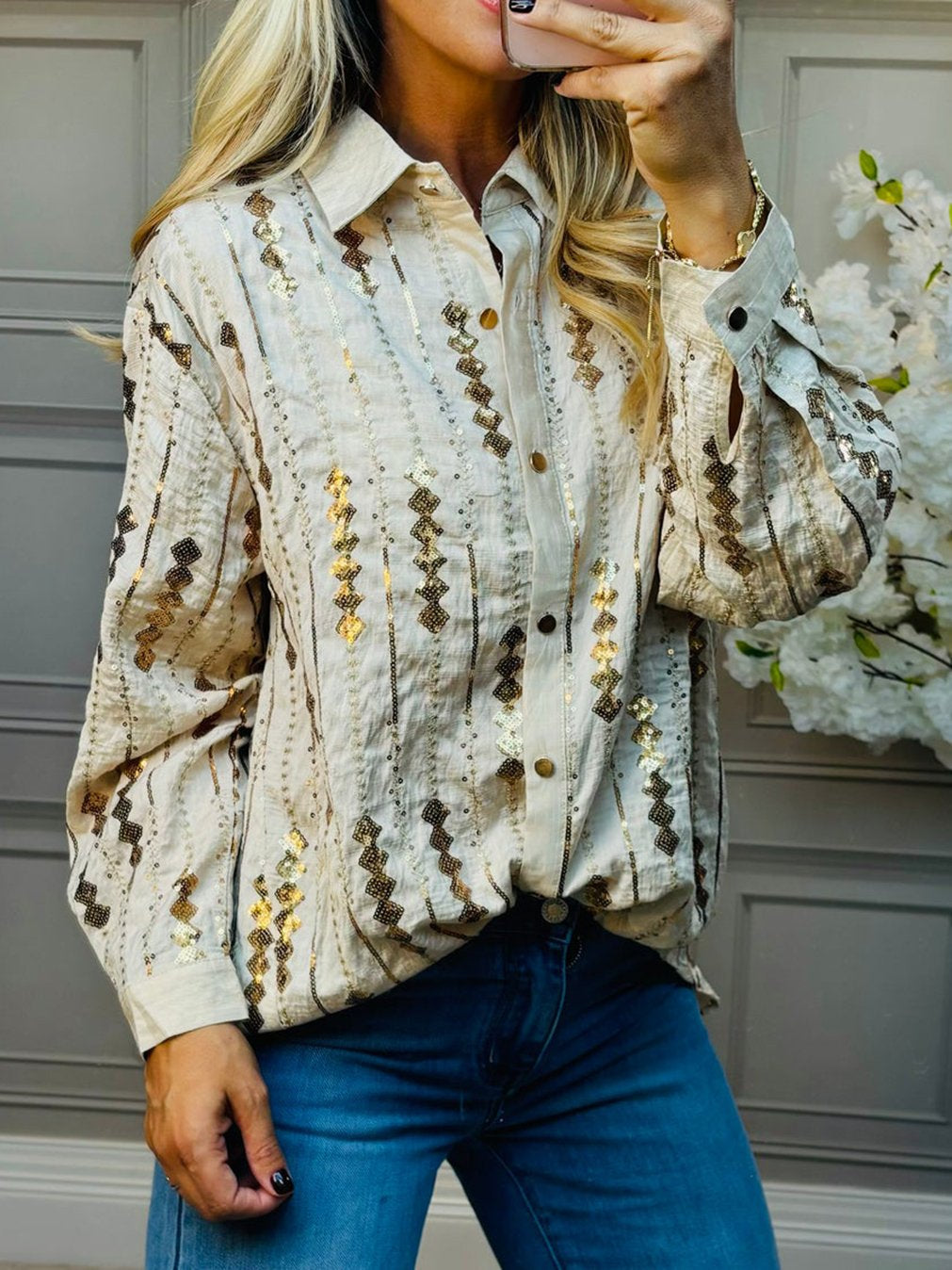 Women's Elegant Foil Printed Long Sleeve Shirt