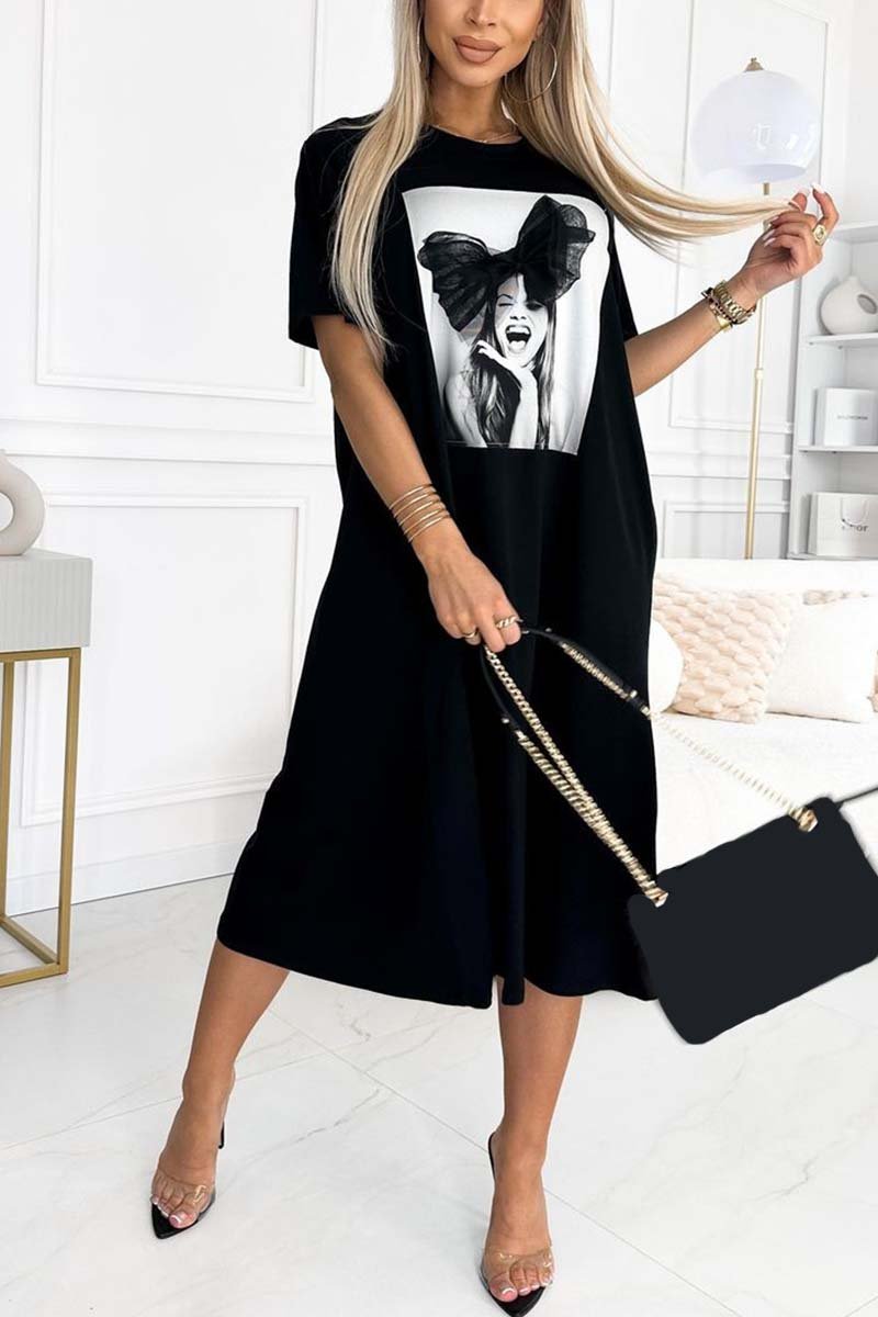 Women's Casual Portrait Print Short Sleeve Dress