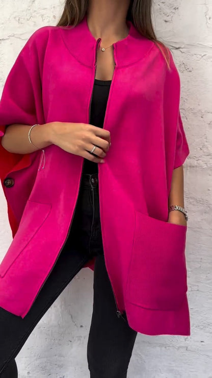 Women's Stand Collar Zipper Solid Color Cape Jacket