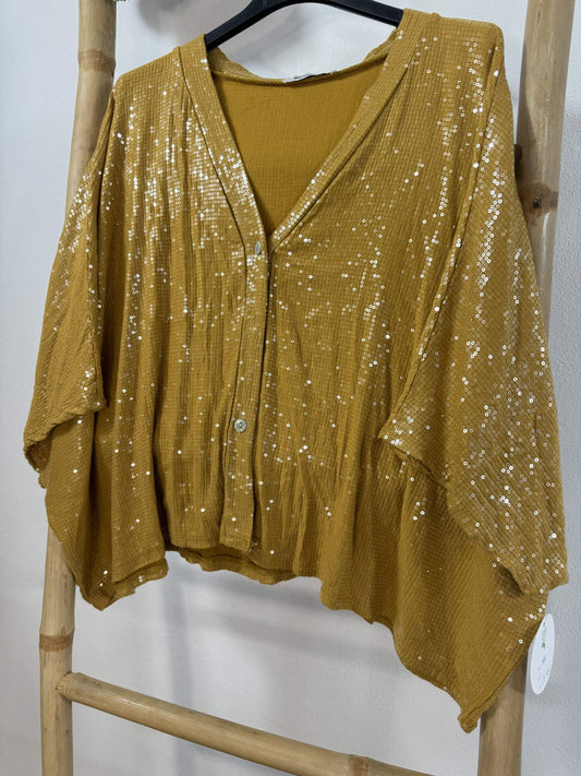 Women's Casual Sequined V-neck Mid-sleeve Shirt