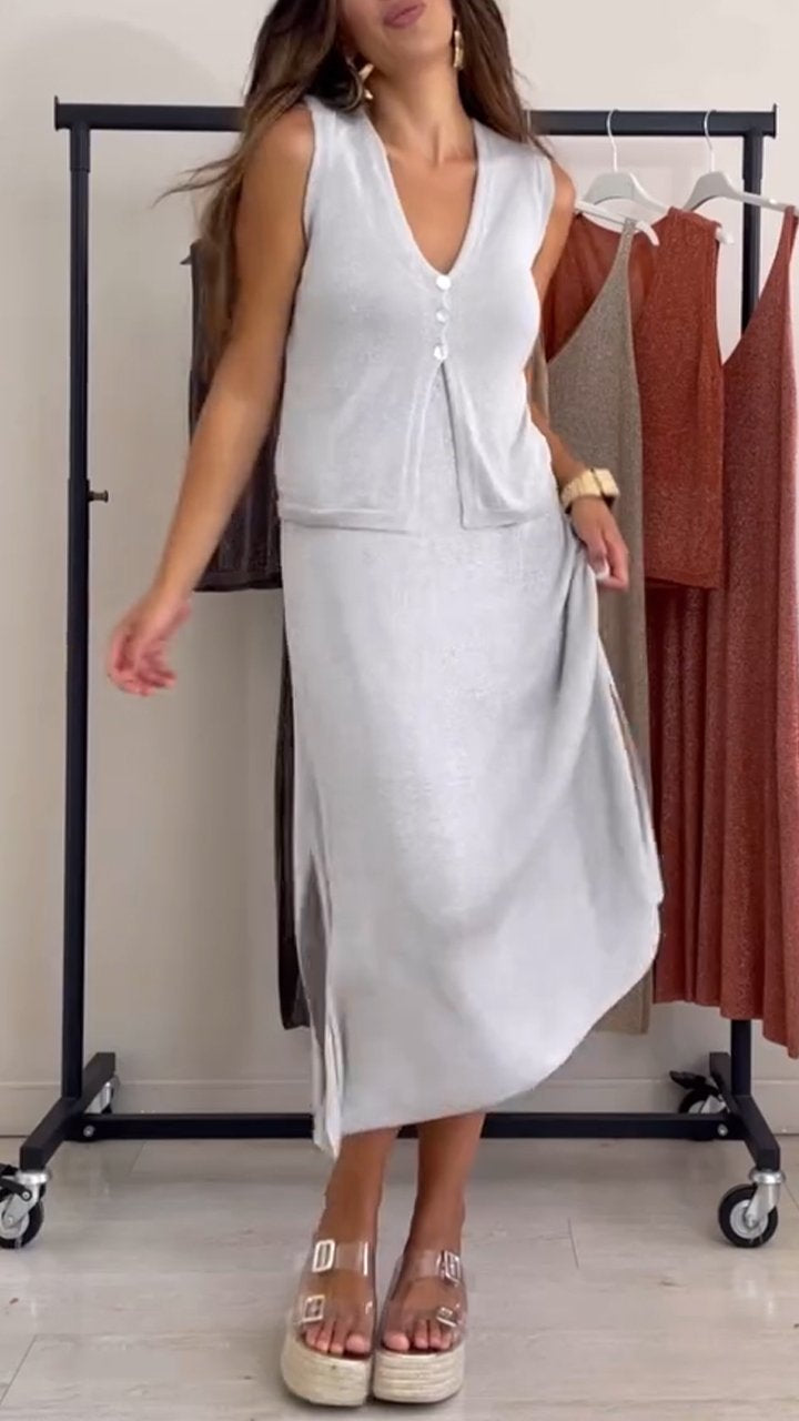 Women's V-neck Sleeveless Casual Dress Suit