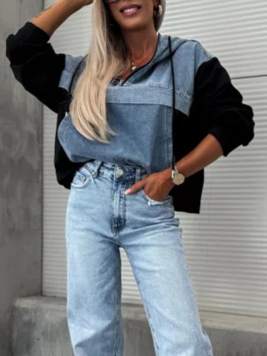 Women's Hooded Denim Patchwork Sweatshirt Jacket